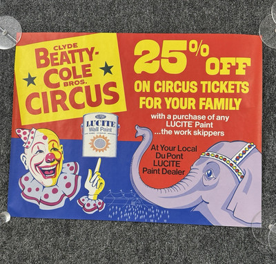 Vtg Clyde Beatty Cole Bros Circus DuPont Lucite Paint Promo Poster Clown 28x21