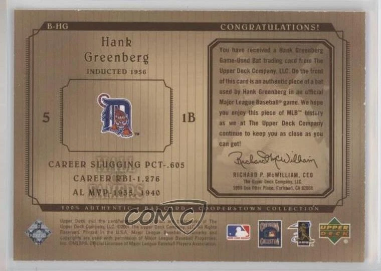 2001 Upper Deck Hall of Famers Bat Hank Greenberg #B-HG HOF - Image 2 of 2