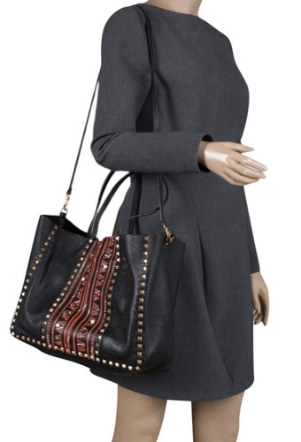 Valentino Black Leather Tribal Print Medium Rockstud Convertible Tote