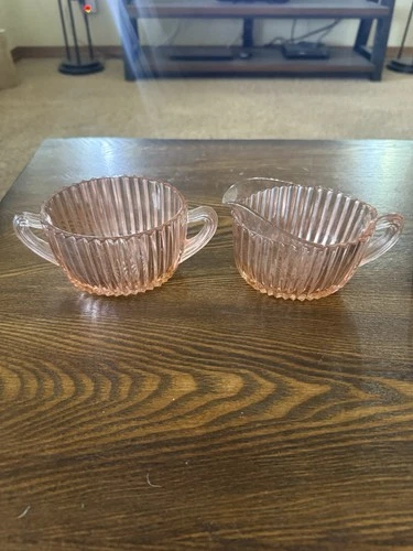 VTG Hocking Glass Pink Depression -Queen Mary Ribbed -Creamer & Open Sugar Set