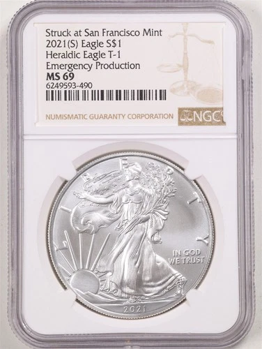 2021-(S) 1oz Silver Heraldic Eagle T-1 MS69 NGC 6249593-490 Emergency Production
