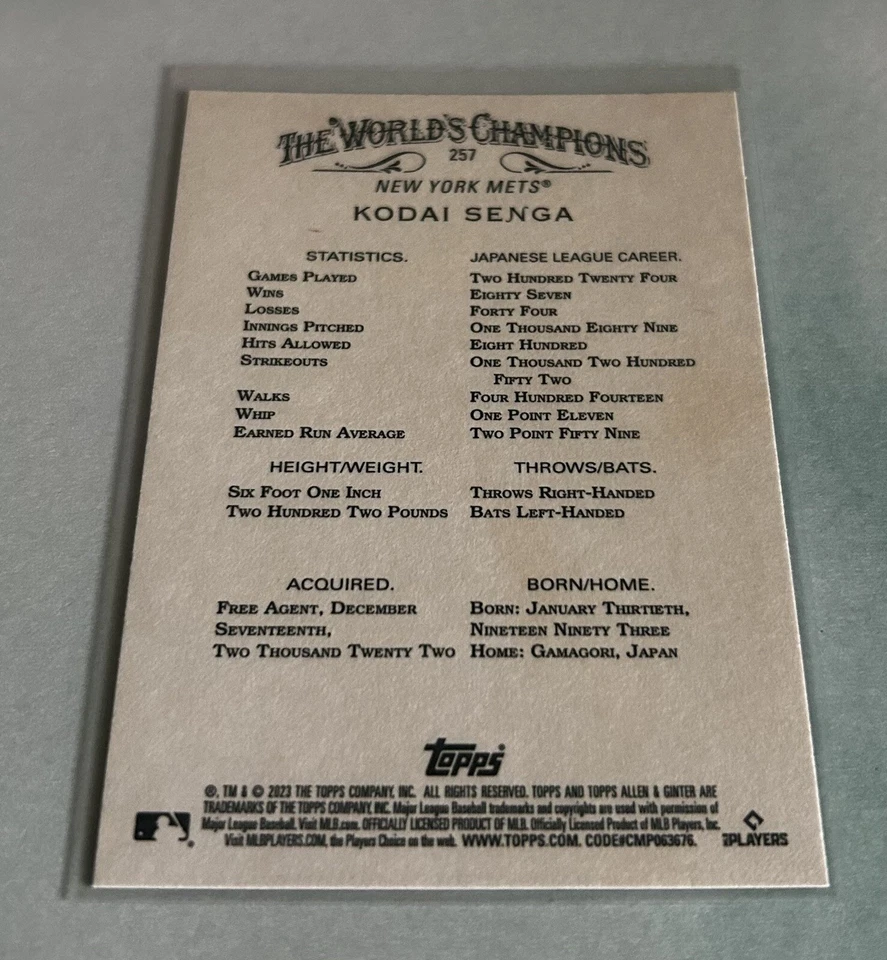 Kodai Senga 2023 Topps Allen & Ginter X #257 New York Mets Rookie RC - Image 4 of 4