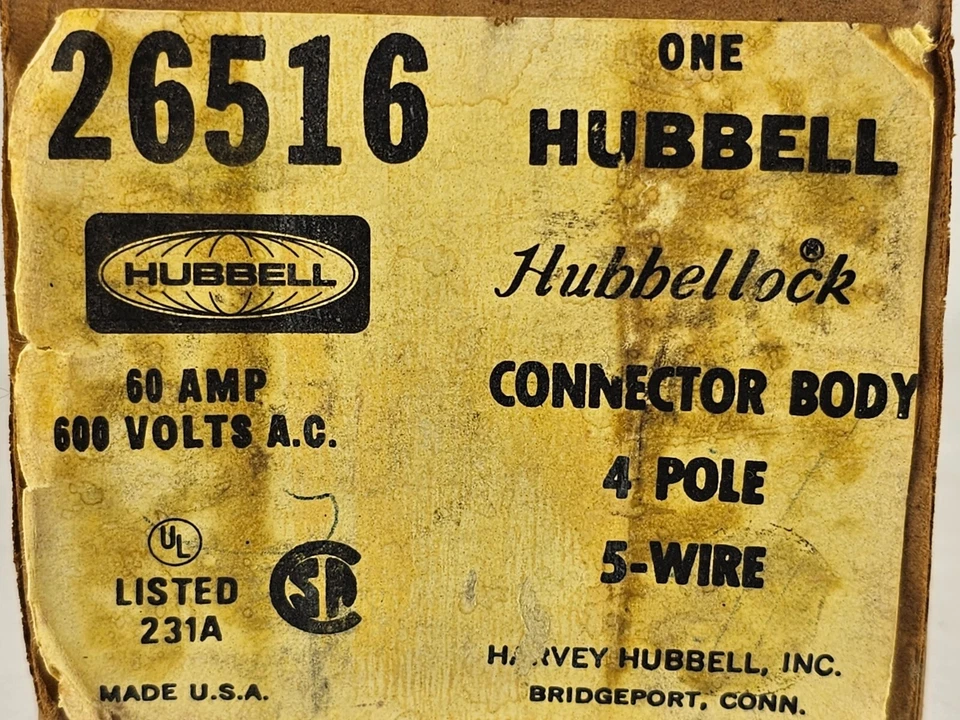 Cuerpo conector Hubbell 26516 Hubbbellock 4 polos, 5 cables, 60A, 600 VCA NUEVO Foto 2 de 3