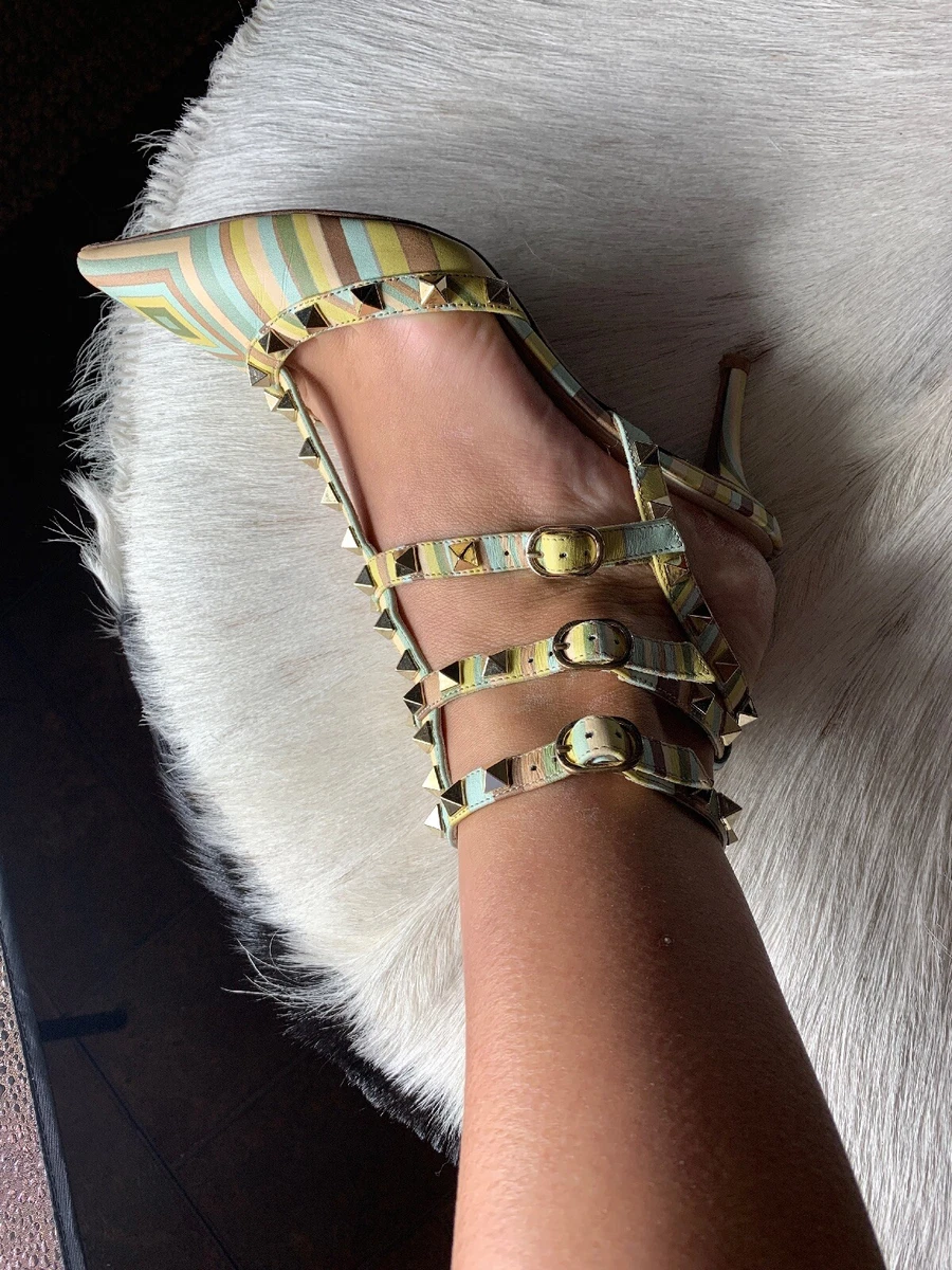 Valentino Stripe Pastels Rockstud Multicolor 3 Buckle Small Heels