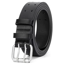 Men Double Prong PU Leather Belt Casual Work Heavy Duty Belt Double Grommet Belt