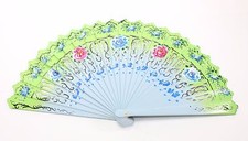 Blue Green Double Sided Wooden Spanish Floral Print Hand Folding Fan Party Gift