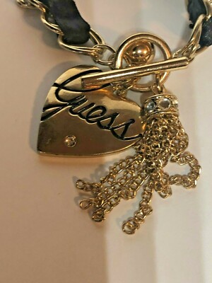 Guess Gold Tone Black Ribbon Woven Multi Charm Bracelet  display picture 3