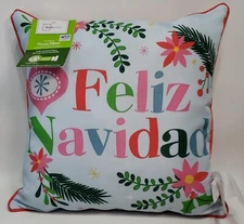 Mainstays Feliz Navidad Ornament Reversible Outdoor Throw Pillow 16" Light Blue