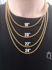 3mm Mens Rope Chain Gold Plated Stainless Steel Link Necklace for Unisex 16-30"