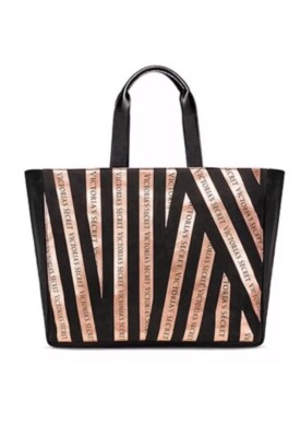Victoria's Secret Bombshell Seduction Black Canvas Rose Gold Large Tote Bag, NWT