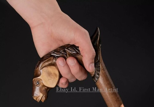 Horse Head Handle Walking Stick Wooden Hand Carved Walking Cane Christmas - Picture 3 of 5