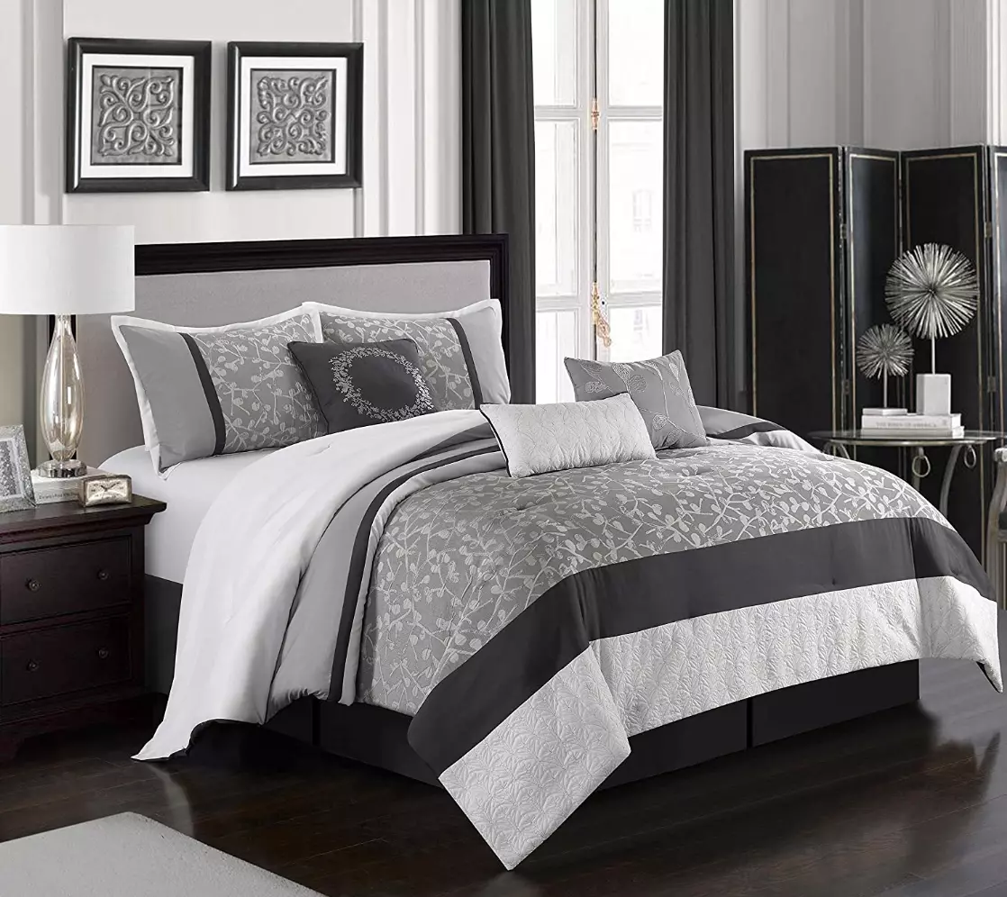 Nanshing Willow 7 Piece Comforter Set Queen Black Grey White
