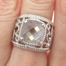 925 Sterling Silver Vintage Real Cushion-Cut Clear Quartz Ornate Ring Size 6.25