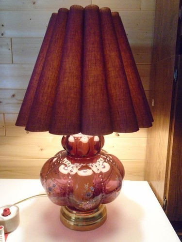 Purple Amethyst Glass Lamp with Painted Flowers and Purple Shade - Picture 7 of 8