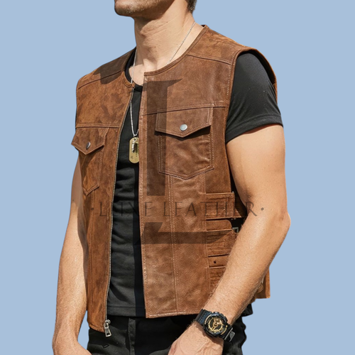 Men's Brown Leather Vest Genuine Lambskin Leather Vest Classic Style Vest - Picture 6 of 7