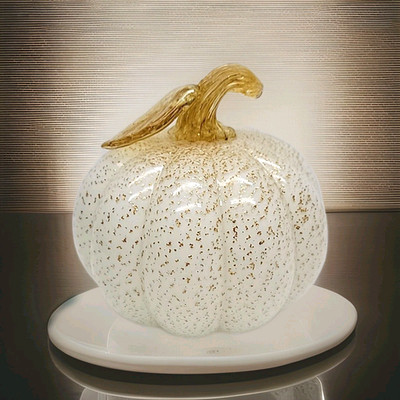 Hand-Blown Art Glass Pumpkin   White with Gold Speckles & Gold Stem   Home Decor