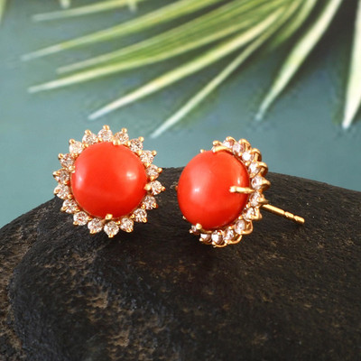 Red Coral Cabochon & Diamond Stud Earrings in 18K Yellow Gold Over For Women's