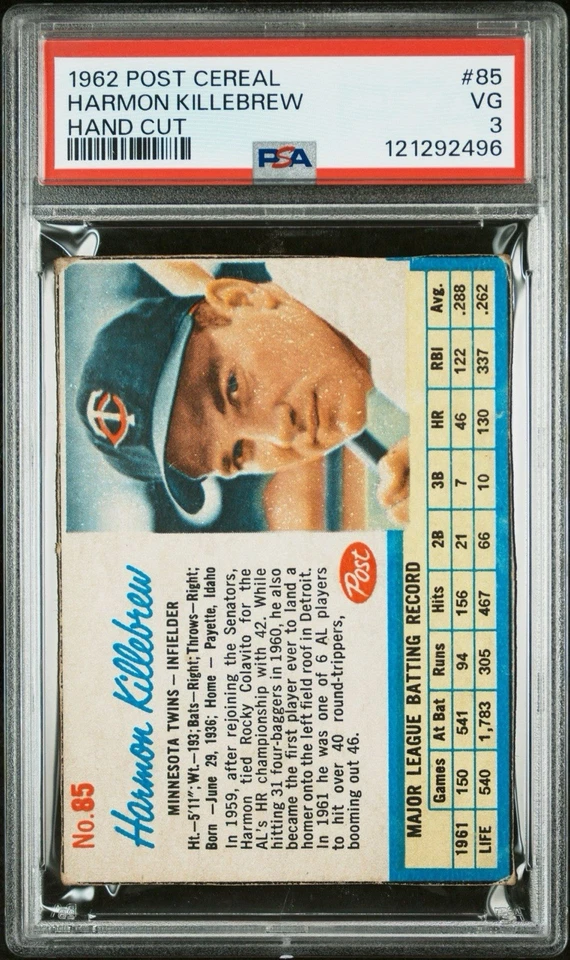 1962 Post хлопья набор перерыв # 85 Harmon Killebrew ручной огранки PSA 3 VG - Изображение 3 из 3
