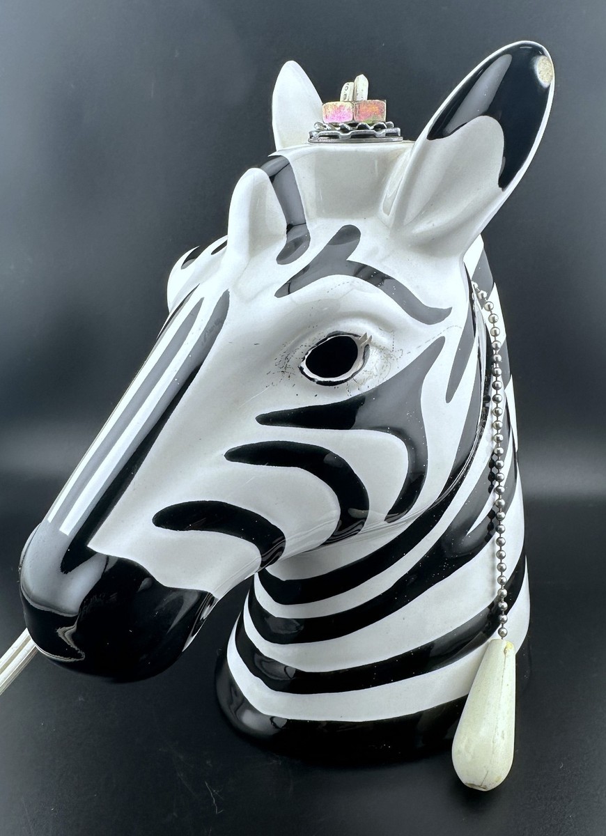 Vintage Ceramic Zebra Lamp, 8 inches Tall, Pullswitch, Lightbulb