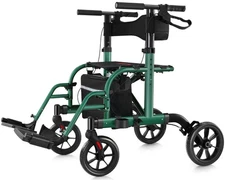 WALKMATE Rollator Walker Transport Chair Adjustable Folding 10” Wheelchair Green