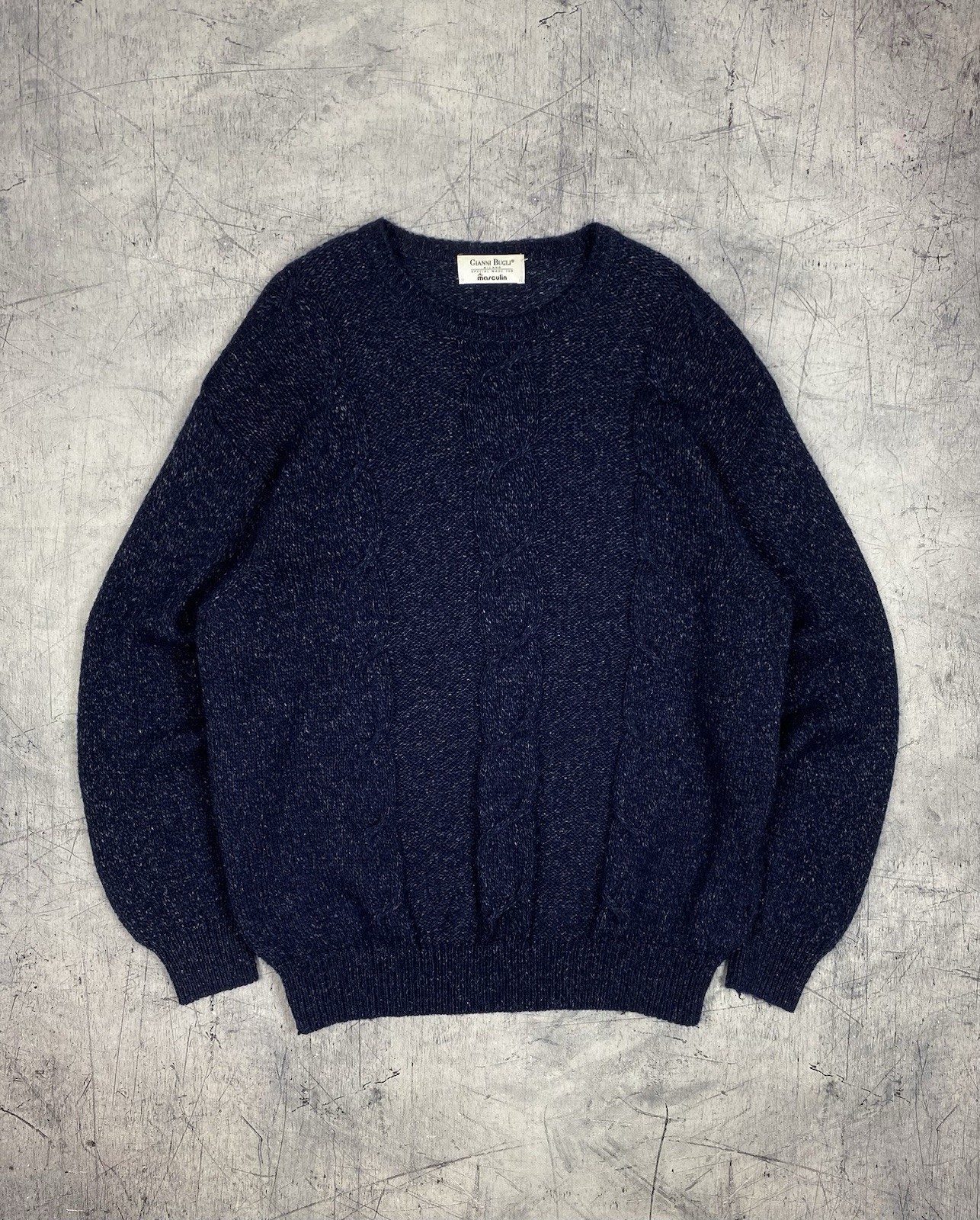 Gianni Bugli Milano Wool Mohair Crew Neck Cable Knit Blue Sweater Men’s Sz Large
