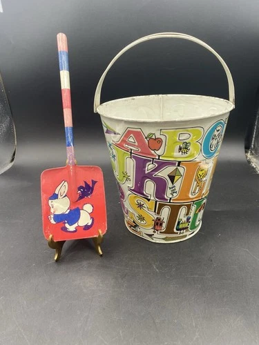 Vintage J Chein & Co. Tin Sand Pail Litho Graphics Children at Beach w/ Shovel