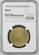 1925 HCN GJ DENMARK 2K NGC CERTIFIED COIN MS 62