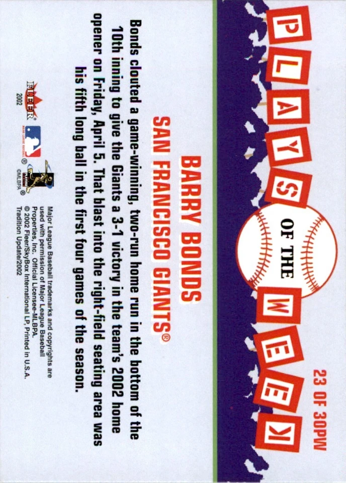 2002 Fleer Tradition Update Plays of the Week #23 Barry Bonds - Image 2 of 2