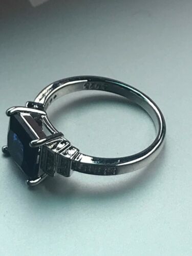 Estate Thin 925 Silver Plate Band w Princess Cut Dark Blue & Tiny Rhinestone - Picture 4 of 9