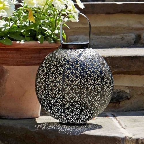 Solar LED Garden Lantern Hanging Outdoor Light Round Metal Moroccan Demasque - Picture 9 of 24