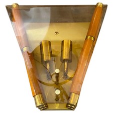1980s Modernist Glass, Wood And Brass Italian Wall Sconce
