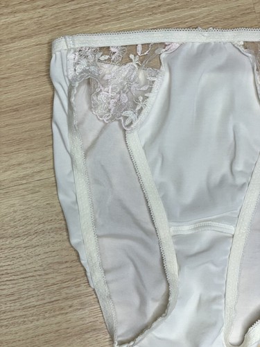 Vintage Slippery Nylon Bikini Sheer Ivory Floral Lace Hi Cut Panty Briefs Sz.6/M - Picture 15 of 18