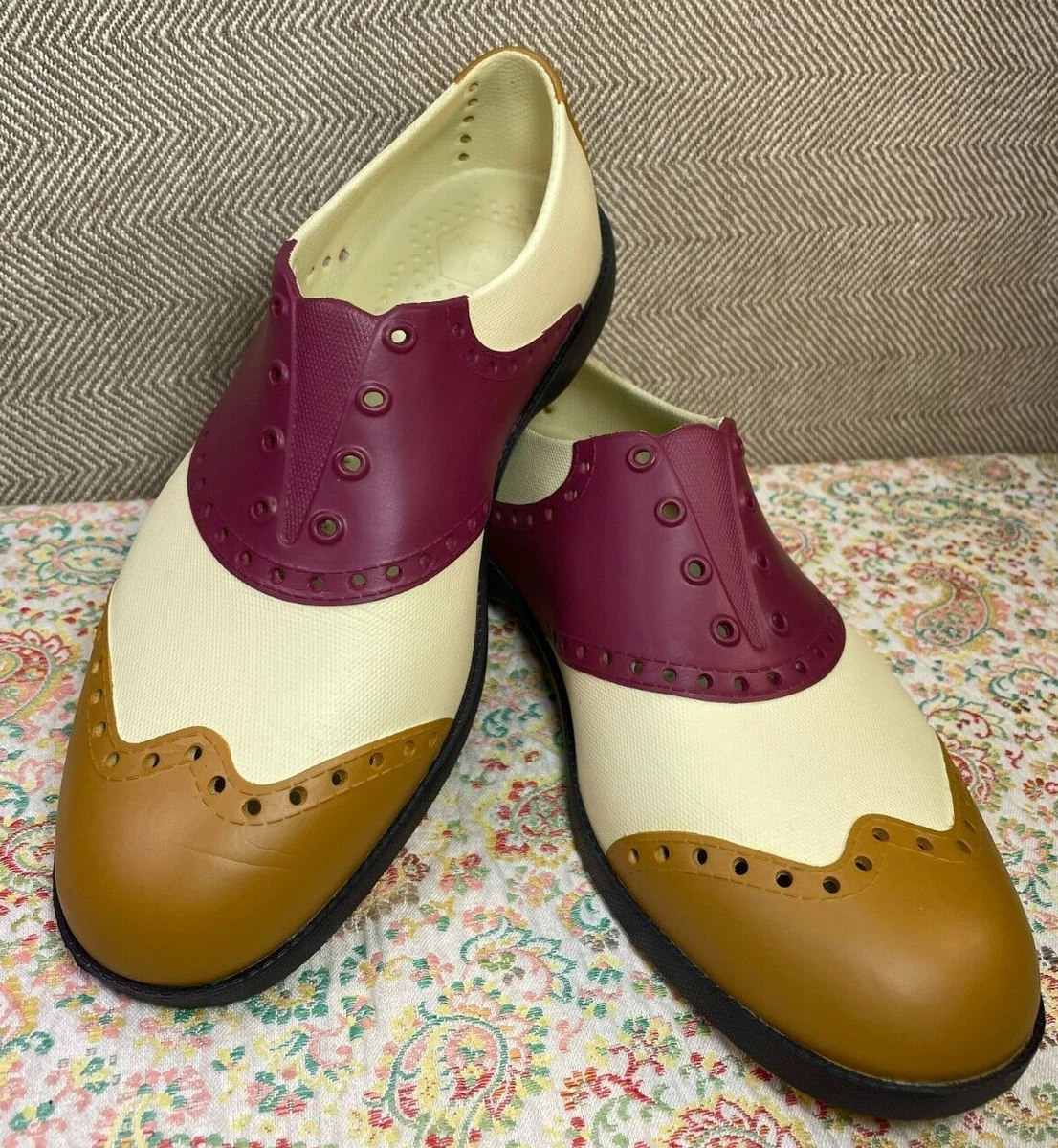 Biion Maroon Gold Womens Wingtips Oxford Spikeless Slip On Golf Shoes Size 7M