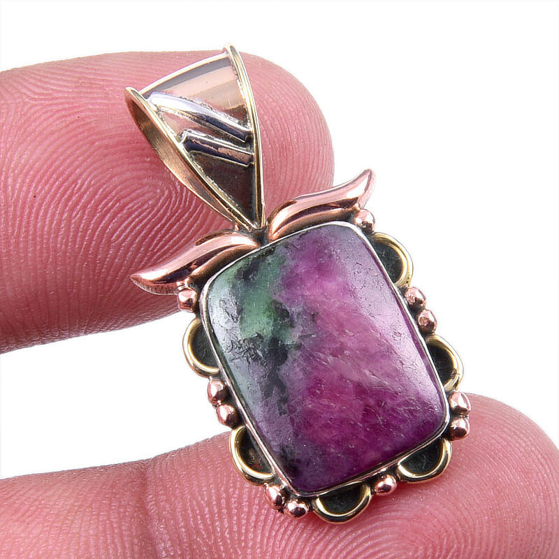 Lab-Created Ruby in Zoisite Pendant in 925 Sterling Silver Two Tone 1.25 Inch Gift