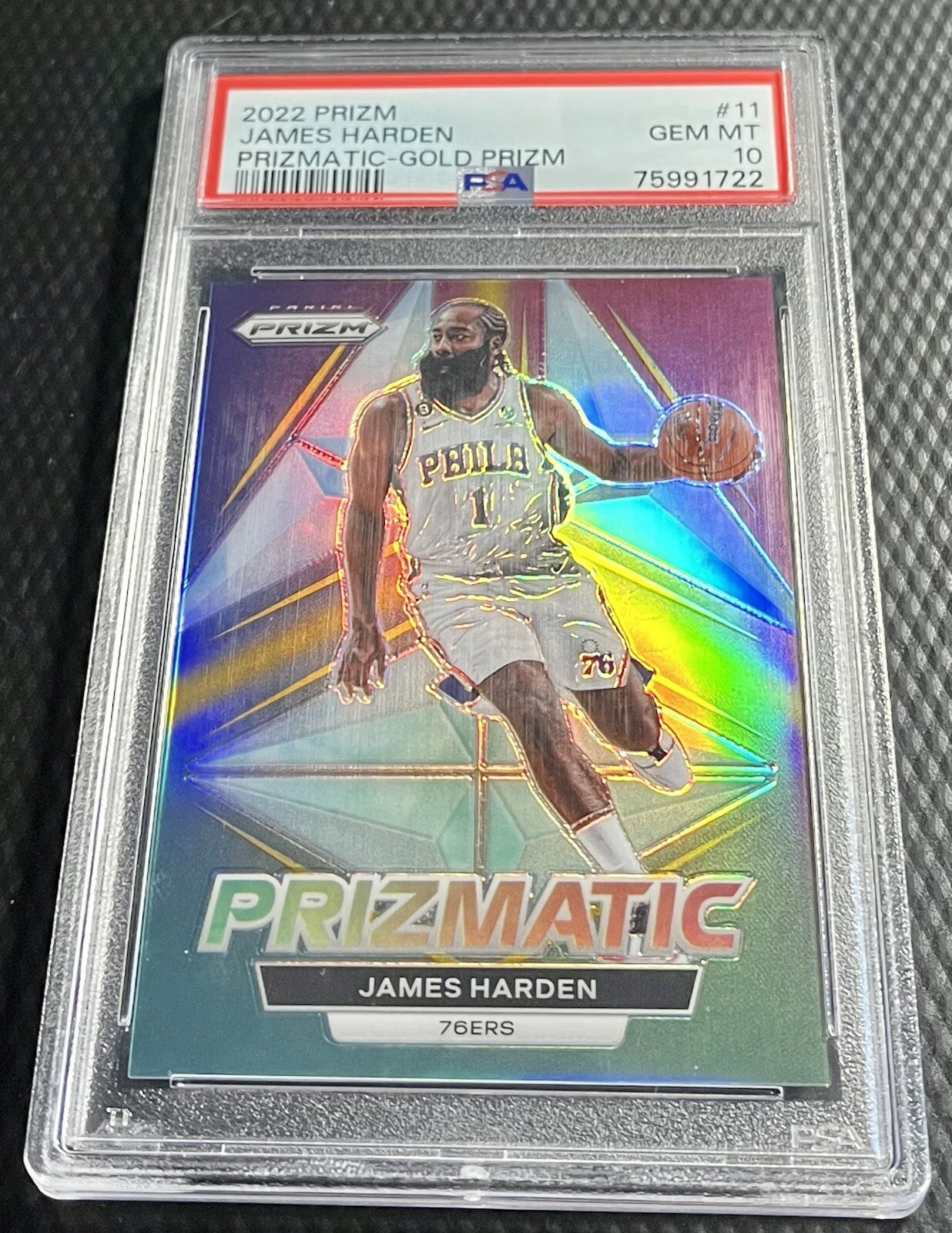 2022 James Harden 76ers 04/10 PSA 10 Panini Prizm Gold Prizmatic Parallel #11