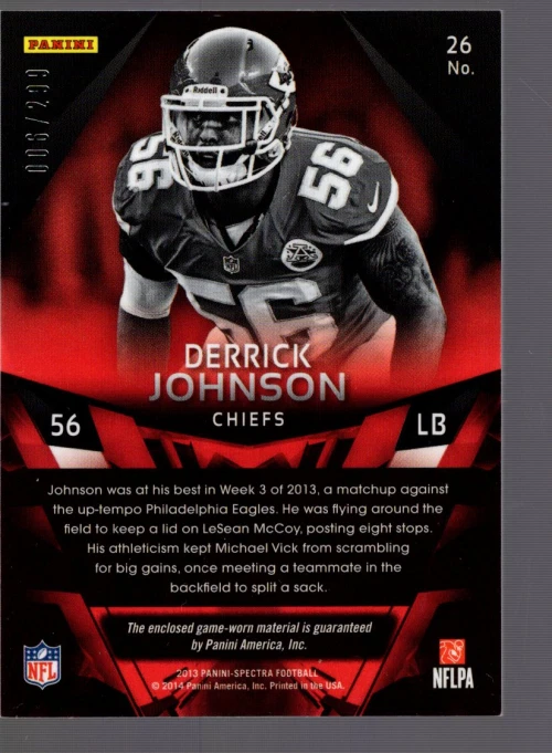 B2037- 2013 Panini Spectra Materials #26 Derrick Johnson Jersey /299 - NM-MT - Image 2 of 2