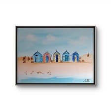 BEACH HUTS SANDY BEACH 12x16 COLOURFUL MODERN ART ACRYLIC PAINTING ON CANVAS