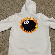 Stussy 8 Ball World Wide Hoodie Size Medium Men Solid Off White Flame