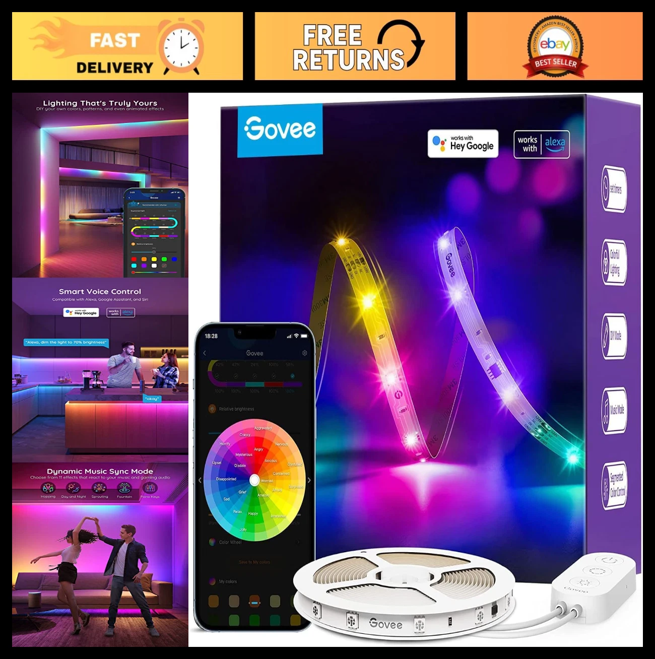 Smart WiFi RGBIC LED Strip Lights 16.4ft, Color Changing, Music Sync, DIY Decor