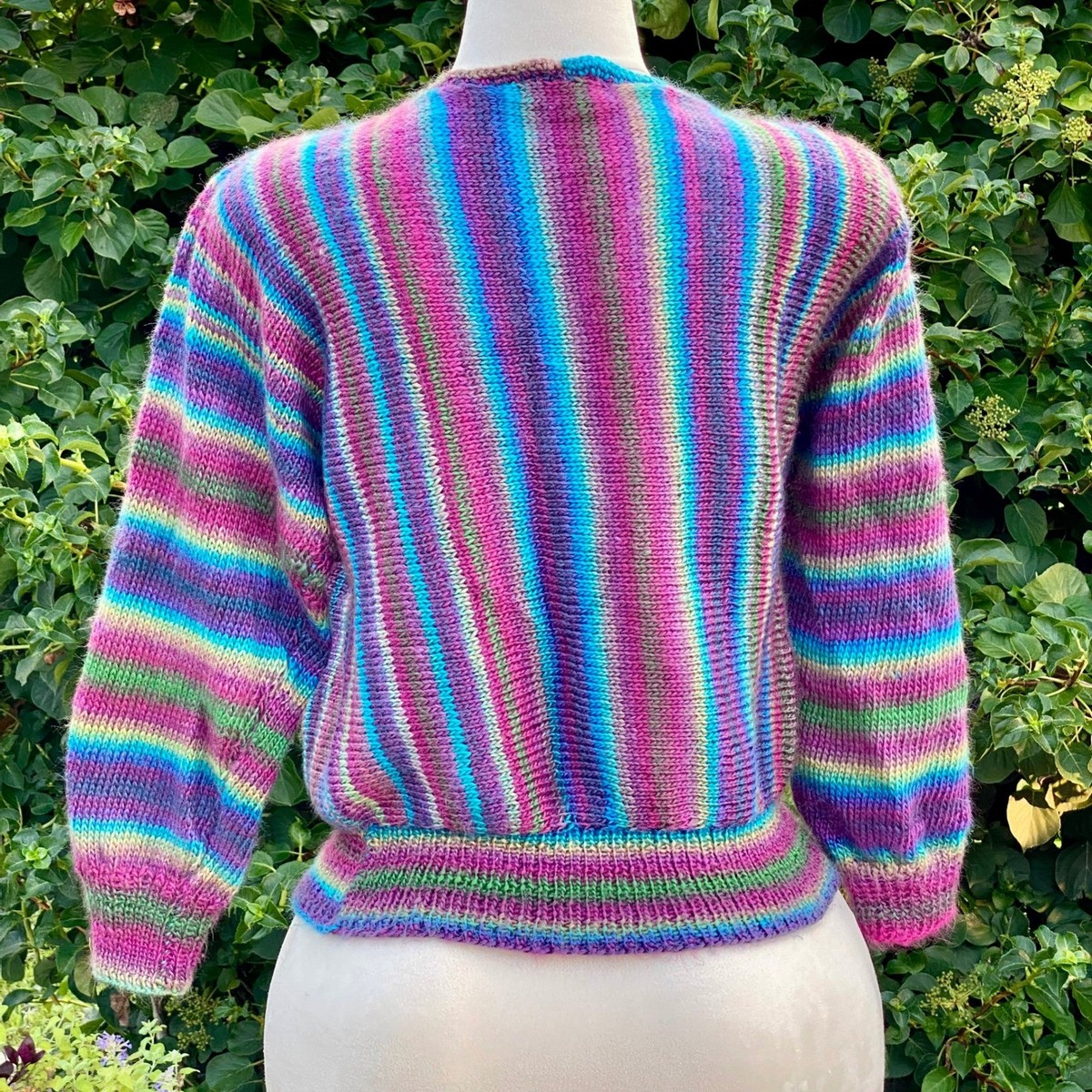 VTG Handknit Colorful Striped Balloon Sleeve Bubble Hem Sweater Twee Grandmacore View 6