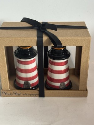 Blue Sky Clayworks Red Striped Beacon Lighthouse Salt Pepper Shakers NIB