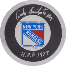 Andy Bathgate Autographed Rangers Hockey Puck (HOF 1978) JSA CK72232
