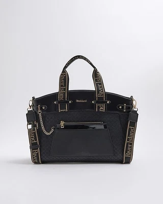 River Island Womens Tote Bag Black Panelled Webbing Grab Handle Zip Fastening