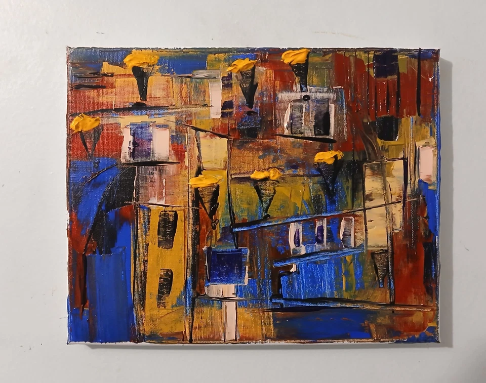 original abstract acrylic painting on canvas "Spanish Plaza At Night" - Image 2 of 4