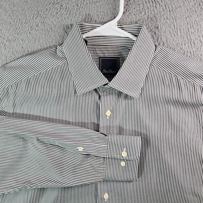 David Donahue Shirt Men 16.5 32 33 Button Up Long Sleeve White Gray Striped