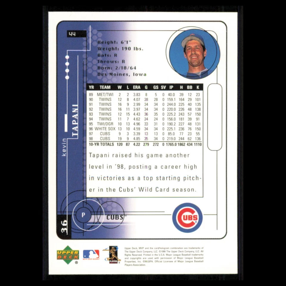 Kevin Tapani #44 1999 Upper Deck MVP Chicago Cubs Tarjeta de béisbol MLB NM Foto 2 de 3
