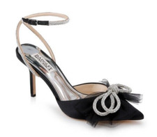 Badgley Mischka Sacred Stiletto Black Satin Rhinestone Bow Heel Pump Sz 7M 245