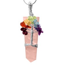 Wire Wrap Rose Quartz 7 Chakra Pendant Crystal Tree Life Necklace Reiki Heal
