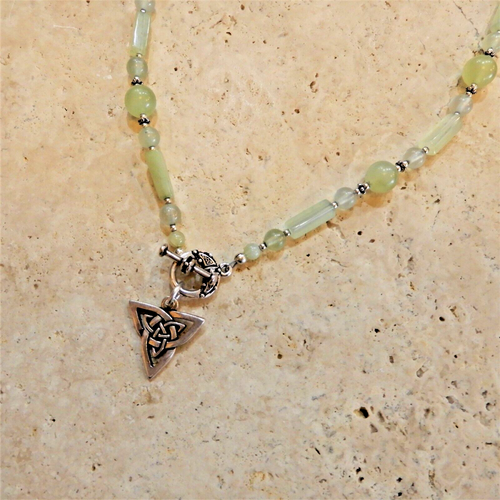 Silver Celtic Trinity Knot necklace with Jade gemstone beads, Irish - Picture 2 of 4