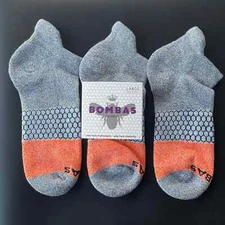 3 Pairs Bombas Ankle Socks Gray Orange Large Soft Cotton Breathable Athletic